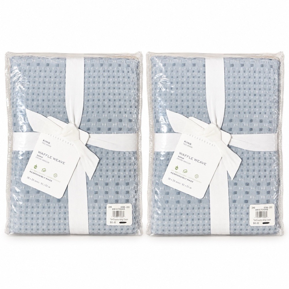 Pottery Barn Set of 2 King Waffle Weave Pillow Shams Chambray Blue 36x20
